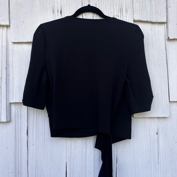 Halara Black V-Neck Wrap Tie Waist Crop Top Elbow Sleeve Puffed Shoulder Medium - Picture 7 of 7
